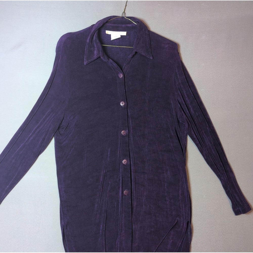 Jessica Holbrook Purple Velvet Button Down Blouse Womens Large Long Sleeve